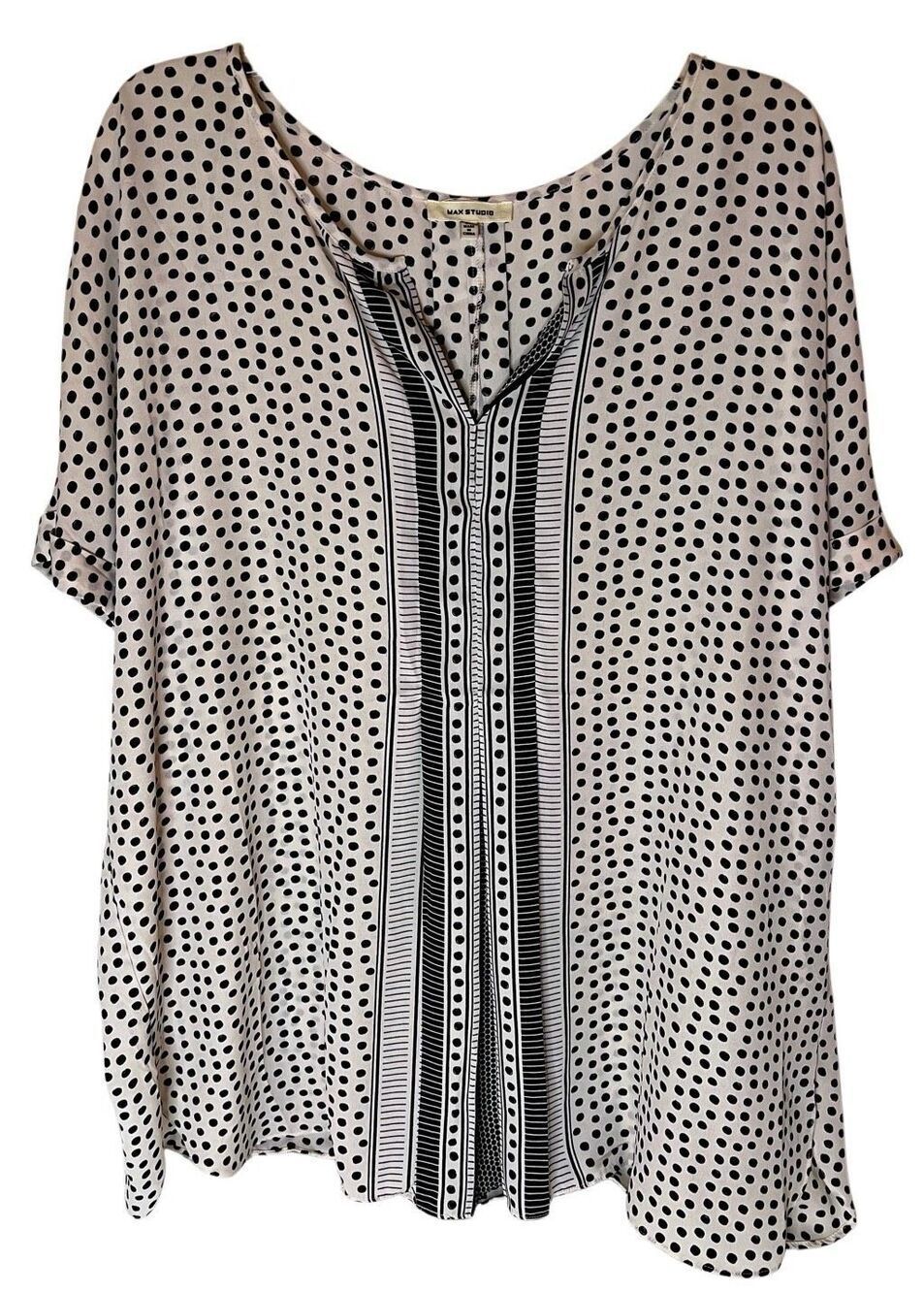 Max Studio Black White Dot Split Neck Tunic Top Blouse Women’s Sz 3XL
